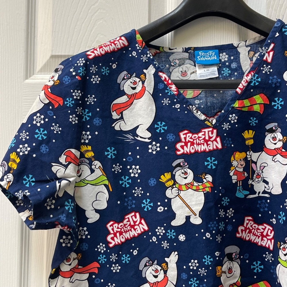 Frosty the Snowman Women's Size L Winter‎ Uniform Scrub Top Blue White V Neck